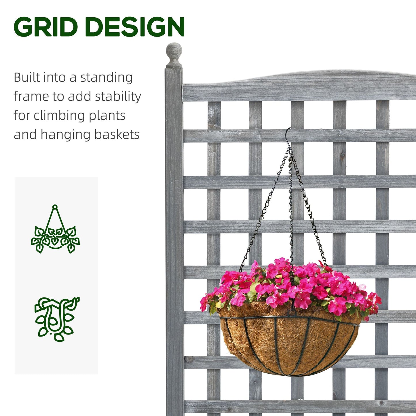Raised Garden Bed with Trellis for Climbing Vines, Wood Planter Box for Garden, Free Standing Flower Bed, Indoor Outdoor Display Rack, 25.2" x 11" x 47.2", Grey