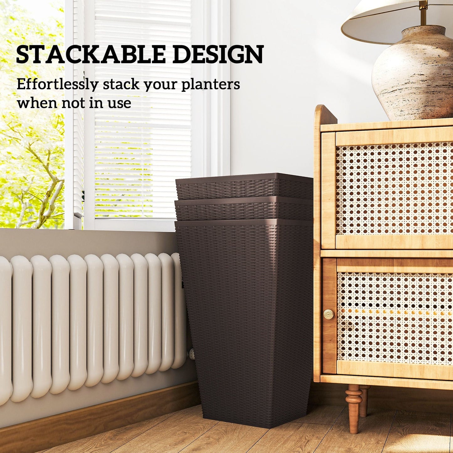 Set of 3 Tall Plant Stand, Outdoor & Indoor Flower Pot Set for Front Door, Entryway, Patio and Deck, Brown