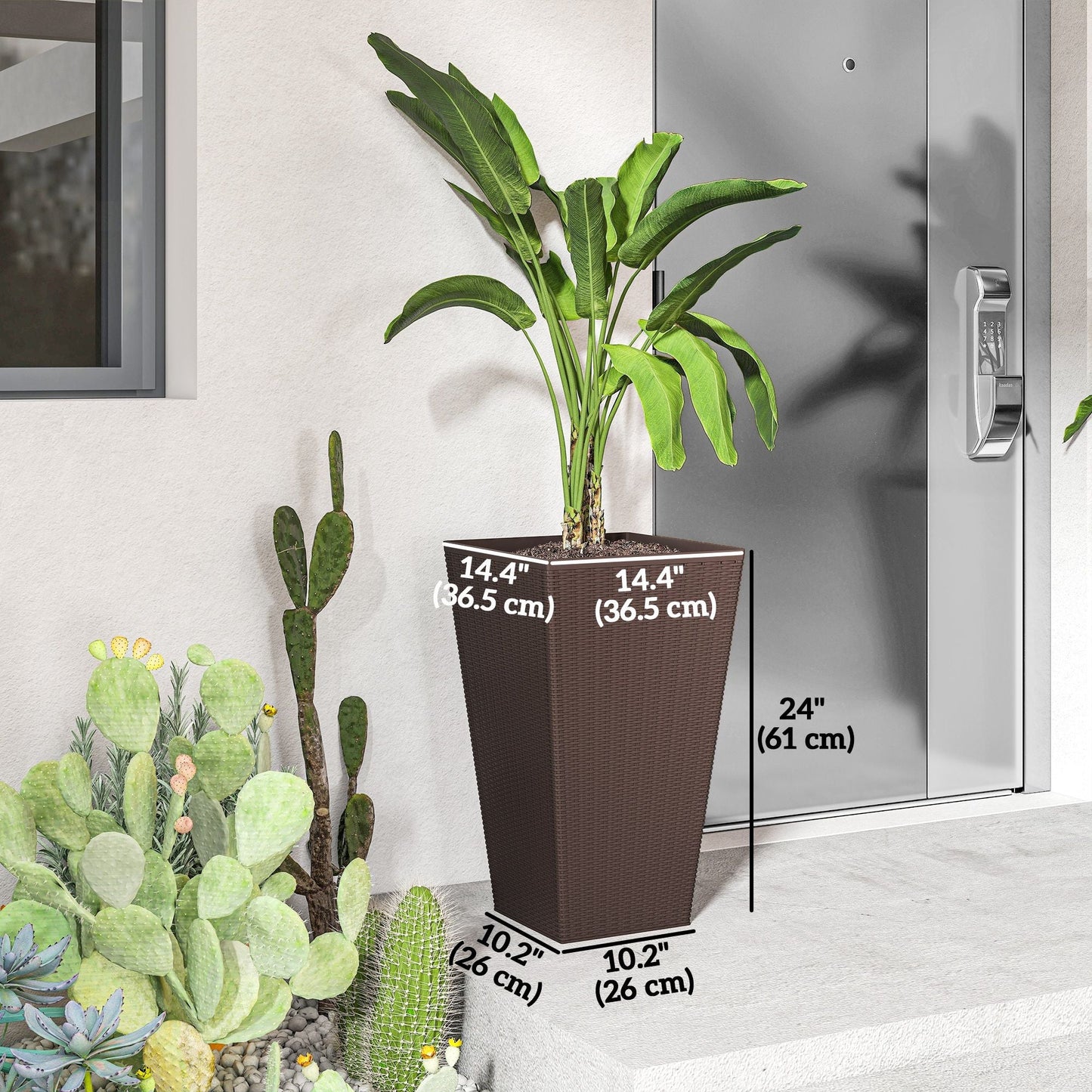 Set of 3 Tall Plant Stand, Outdoor & Indoor Flower Pot Set for Front Door, Entryway, Patio and Deck, Brown