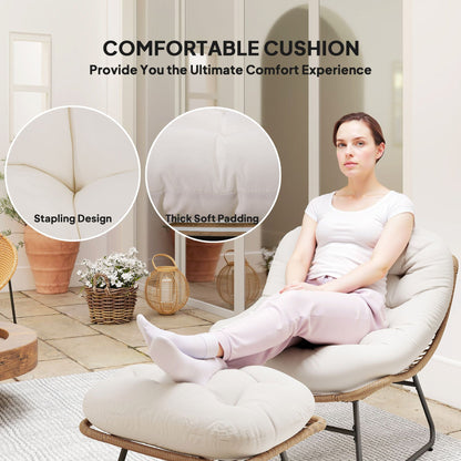 Rattan Chair w/ Stool, Cushion, Adjustable Foot Pads, Natural