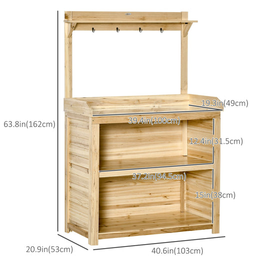 Potting Bench Table, Wooden Garden Workstation Bench with Galvanized Metal Tabletop, Storage Shelves and Hooks for Patios, Courtyards, Balcony