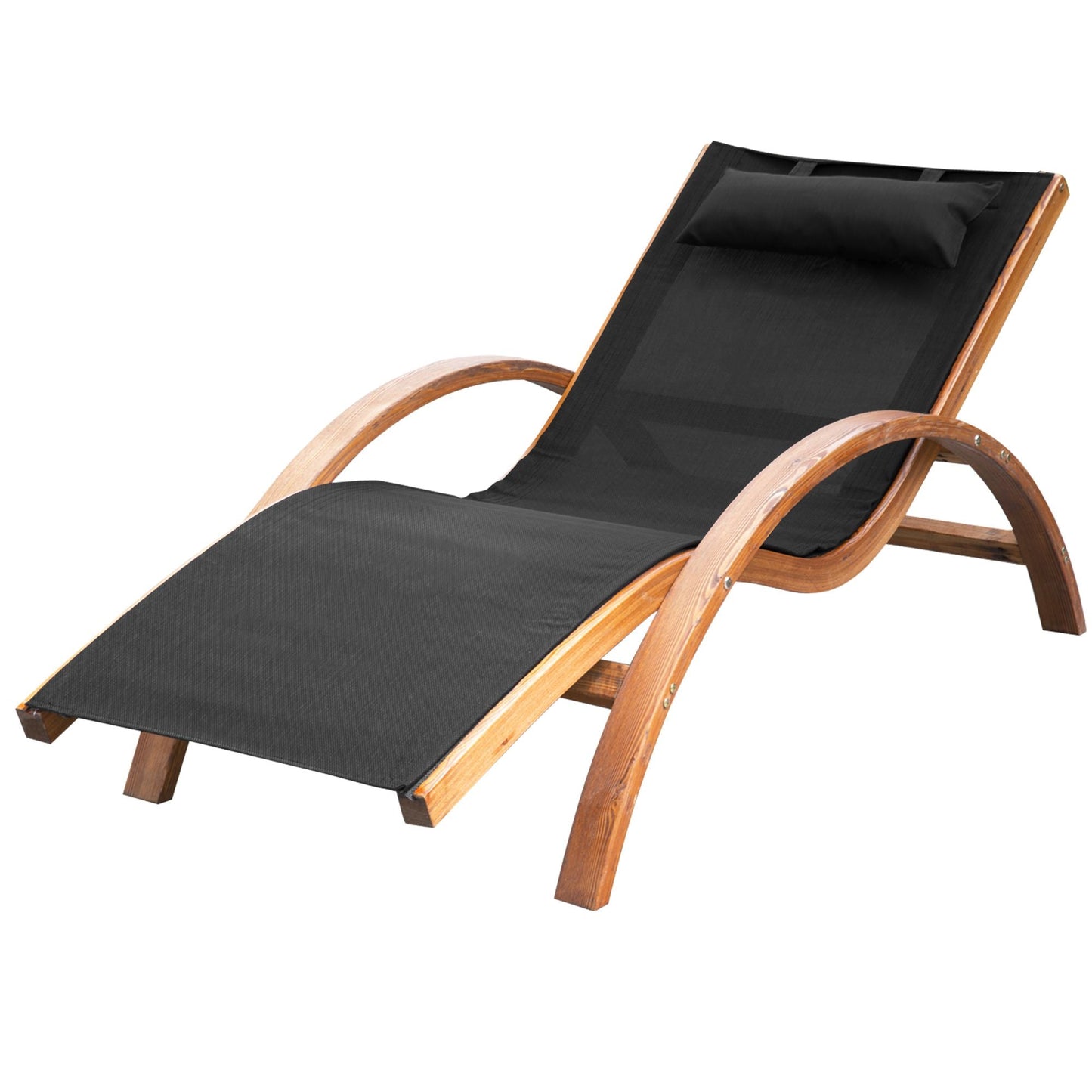 Outdoor Wood Chaise Lounge Chair Recliner Patio Camping with Headrest, Teak & Black