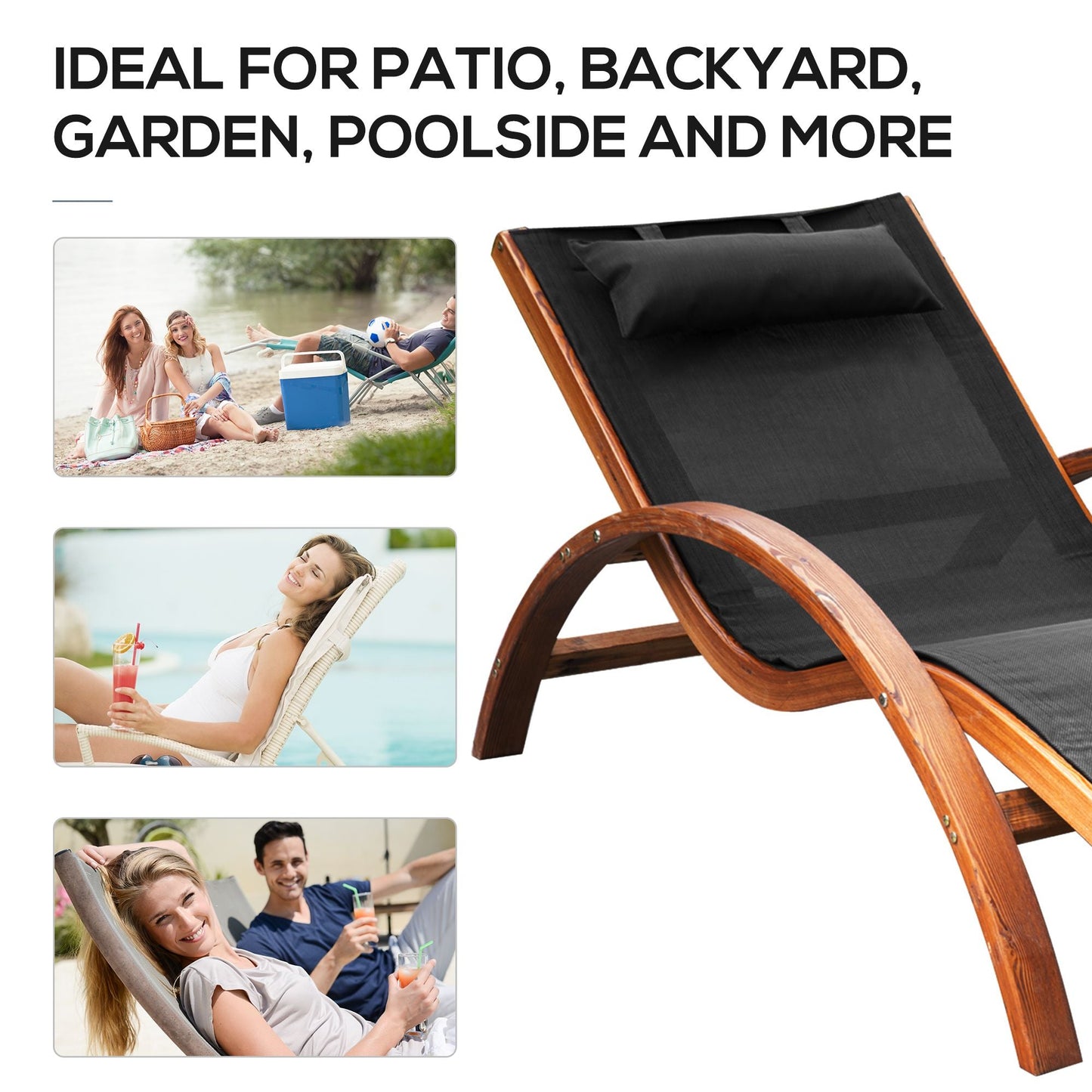Outdoor Wood Chaise Lounge Chair Recliner Patio Camping with Headrest, Teak & Black