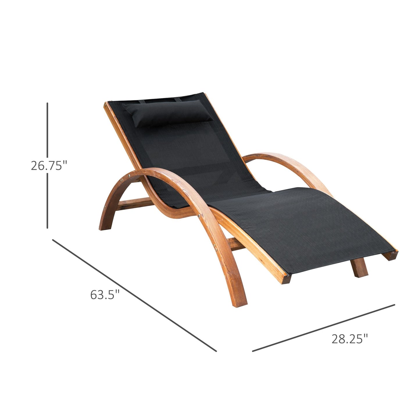 Outdoor Wood Chaise Lounge Chair Recliner Patio Camping with Headrest, Teak & Black