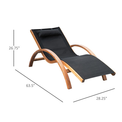 Outdoor Wood Chaise Lounge Chair Recliner Patio Camping with Headrest, Teak & Black