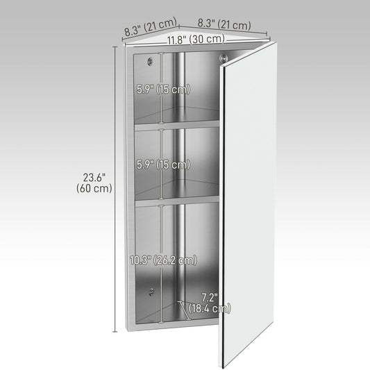 Wall mounted Bathroom Corner Mirror Storage Cabinet Stainless Steel with Single Door