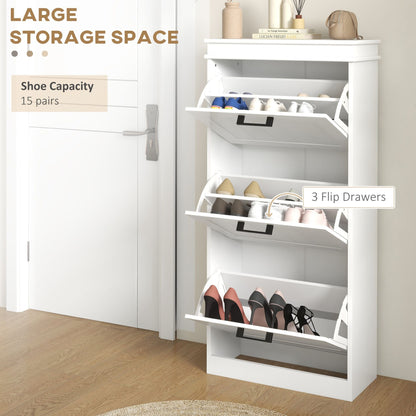 Slim Shoe Cabinet with 3 Flip Drawers and Adjustable Shelves, Narrow Shoe Cabinet for 15 Pairs of Shoes, White