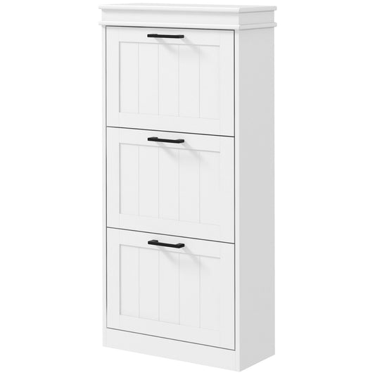 Slim Shoe Cabinet with 3 Flip Drawers and Adjustable Shelves, Narrow Shoe Cabinet for 15 Pairs of Shoes, White
