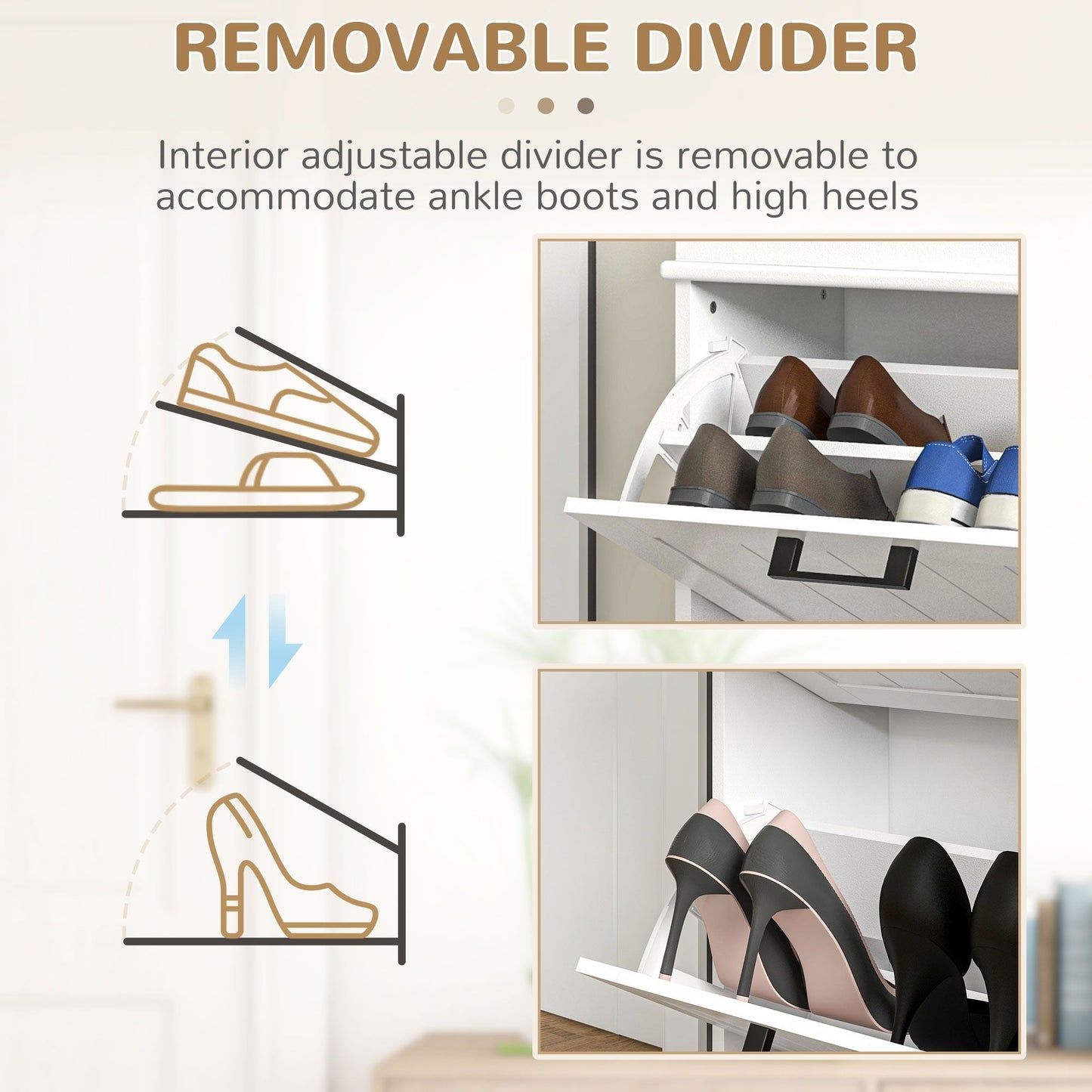Shoe Storage Cabinet with 2 Flip Drawers and Adjustable Shelves, Narrow Shoe Cabinet for 10 Pairs of Shoes, White