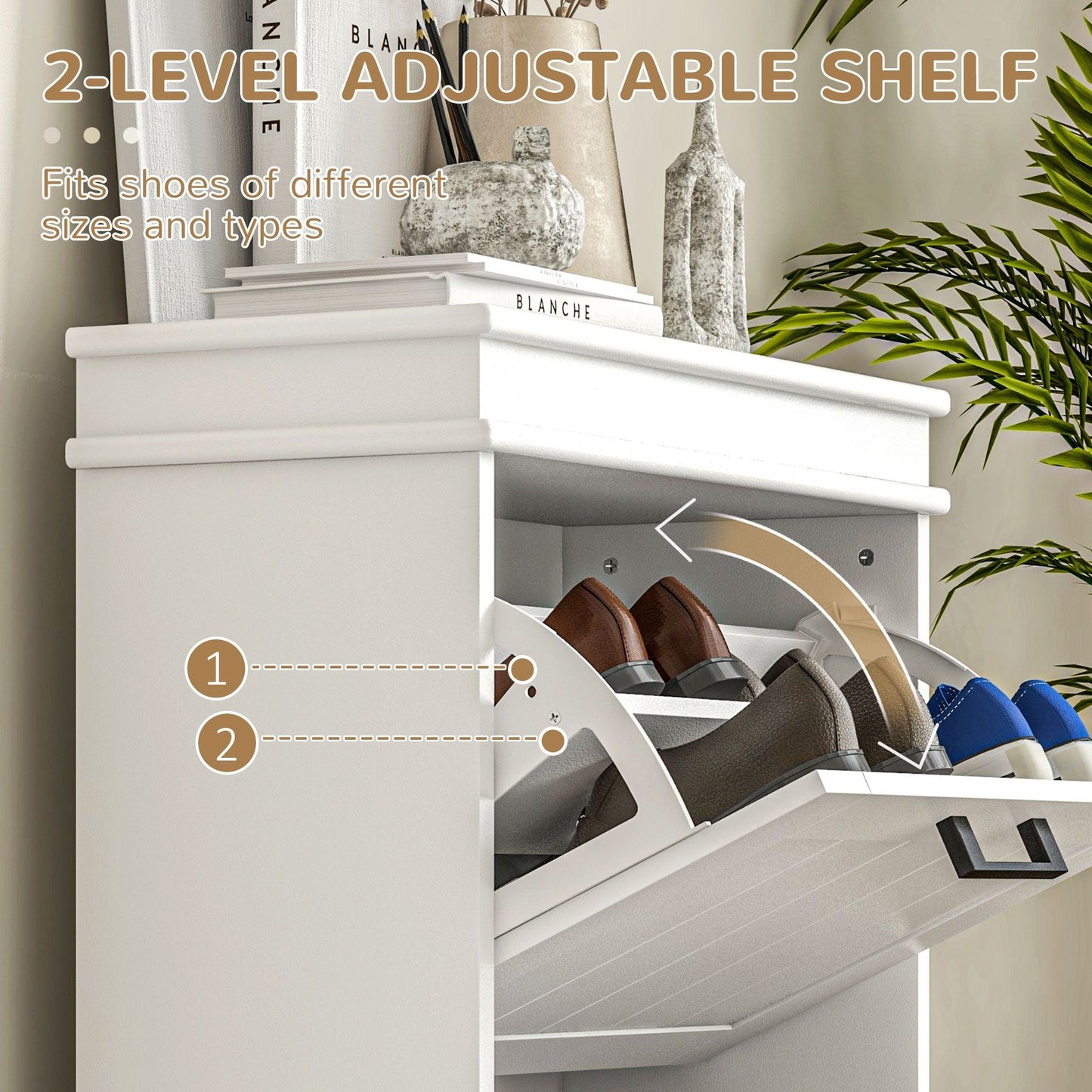 Shoe Storage Cabinet with 2 Flip Drawers and Adjustable Shelves, Narrow Shoe Cabinet for 10 Pairs of Shoes, White