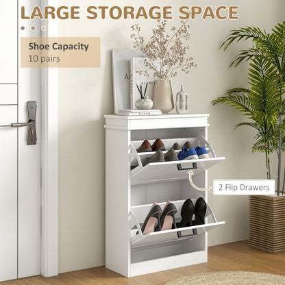 Shoe Storage Cabinet with 2 Flip Drawers and Adjustable Shelves, Narrow Shoe Cabinet for 10 Pairs of Shoes, White