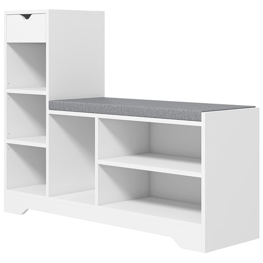 Upholstered Shoe Storage Bench w/ Seat, Entrance Bench w/ Drawer and 6 Open Shelves for Hallway, White