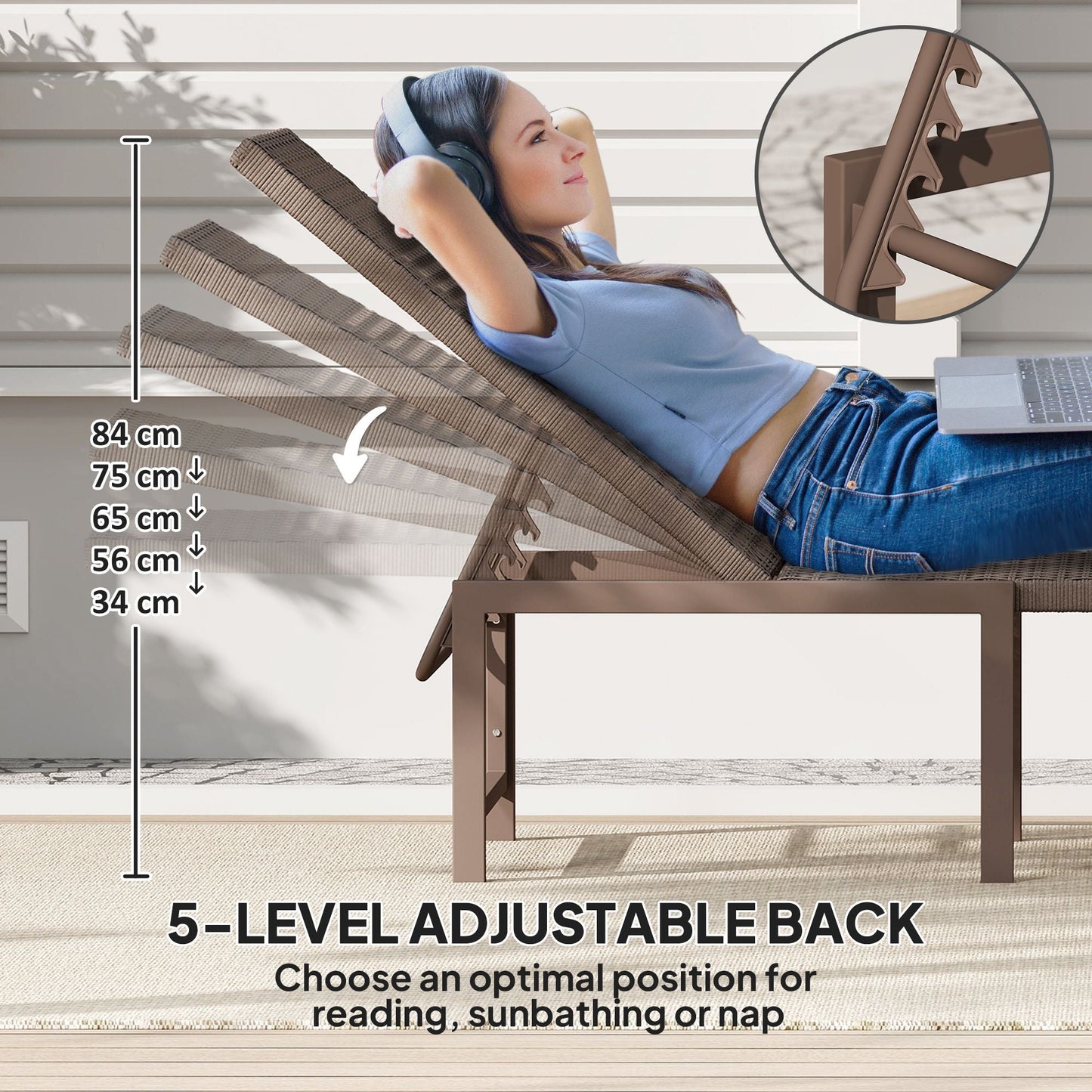 Wicker Outdoor Lounge Chair, Rattan Reclining Patio Lounger Tanning Chair with Adjustable Back, Brown