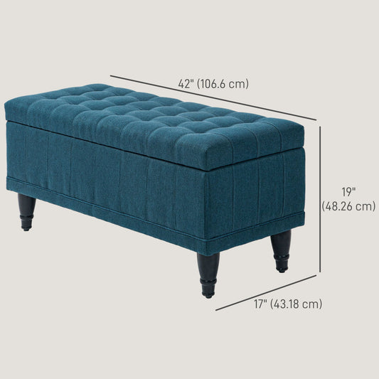 Storage Ottoman, Linen Fabric End of Bed Bench with Button Tufted Storage Bench for Bedroom, Blue