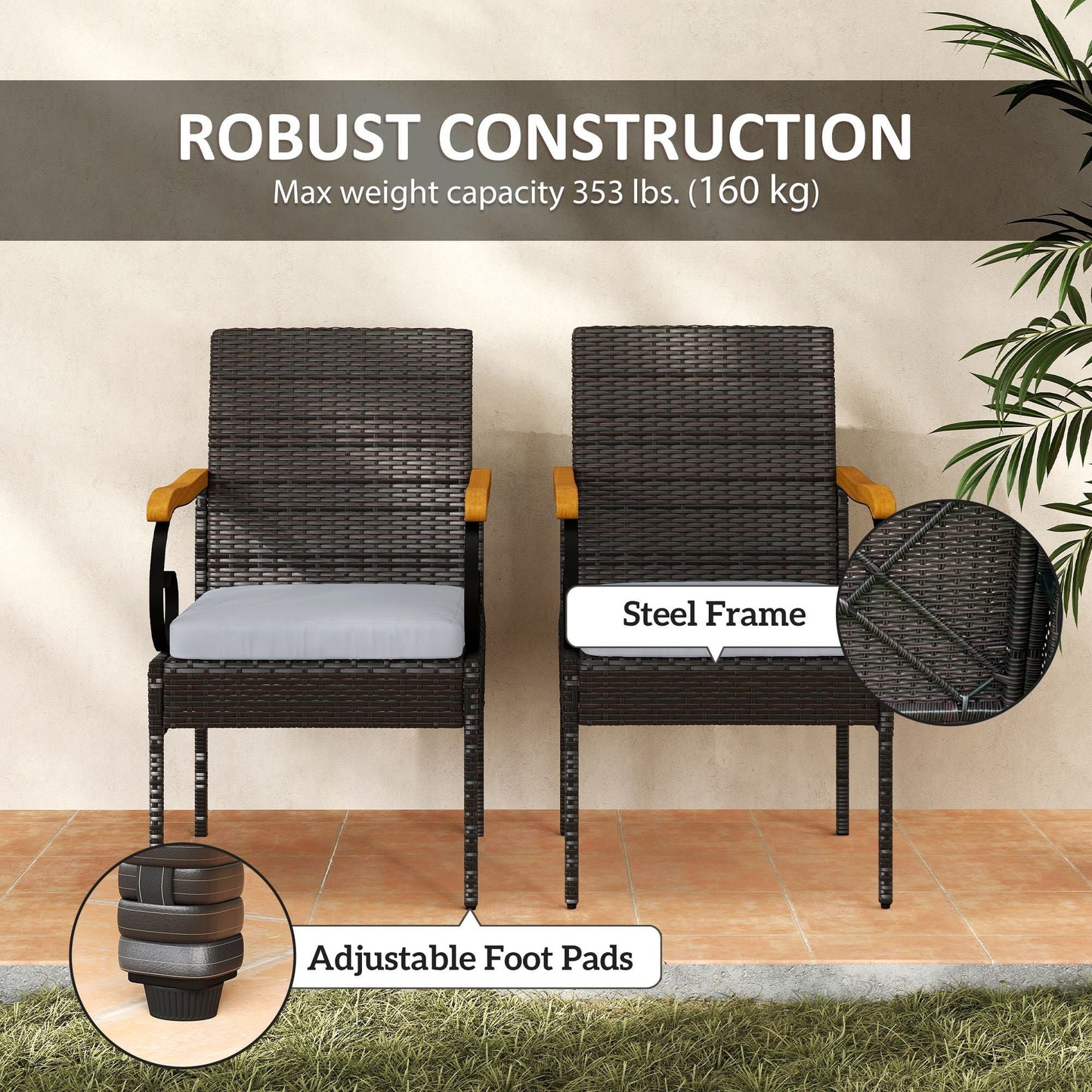 Set of 2 Rattan Outdoor Dining Chairs, Wicker Patio Chairs with Removable Cushion, Acacia Wood Armrests, Light Grey