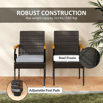 Set of 2 Rattan Outdoor Dining Chairs, Wicker Patio Chairs with Removable Cushion, Acacia Wood Armrests, Light Grey