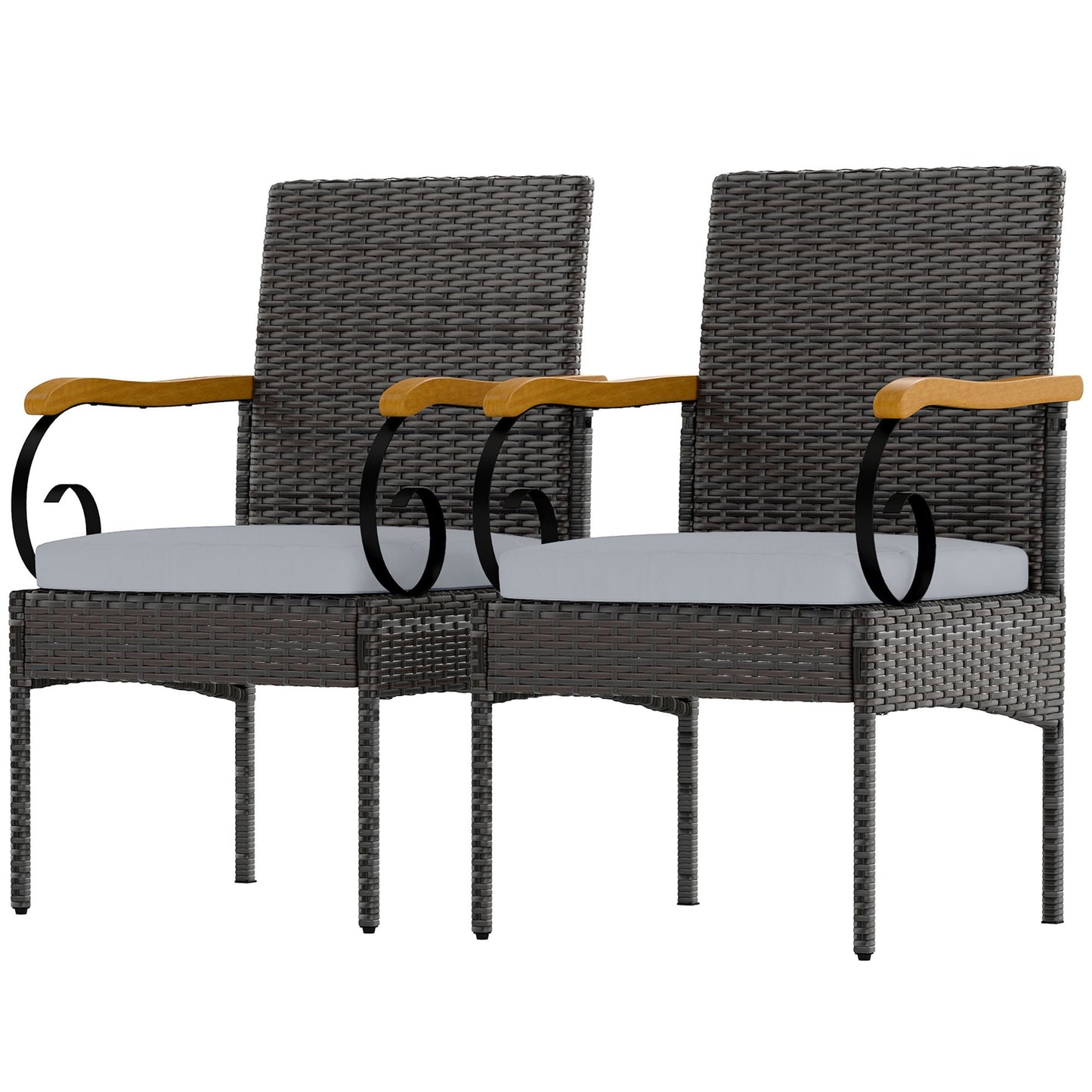 Set of 2 Rattan Outdoor Dining Chairs, Wicker Patio Chairs with Removable Cushion, Acacia Wood Armrests, Light Grey