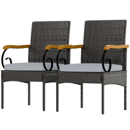 Set of 2 Rattan Outdoor Dining Chairs, Wicker Patio Chairs with Removable Cushion, Acacia Wood Armrests, Light Grey