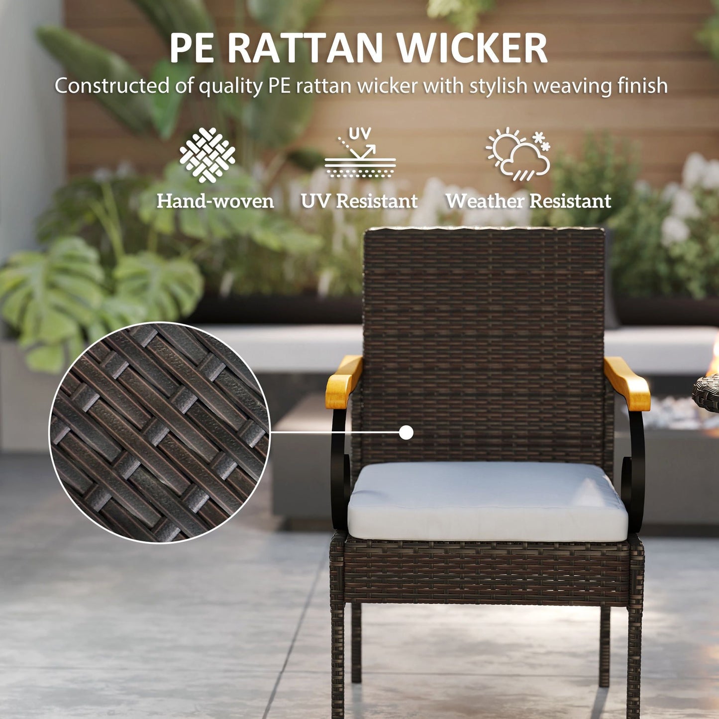 Set of 2 Rattan Outdoor Dining Chairs, Wicker Patio Chairs with Removable Cushion, Acacia Wood Armrests, Light Grey