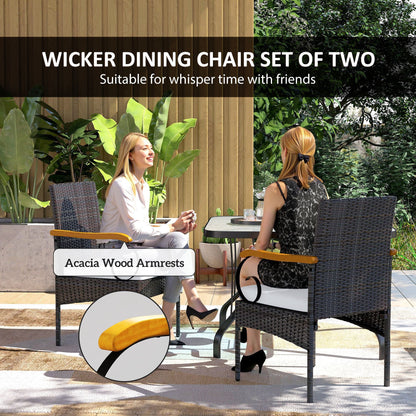Set of 2 Rattan Outdoor Dining Chairs, Wicker Patio Chairs with Removable Cushion, Acacia Wood Armrests, Light Grey