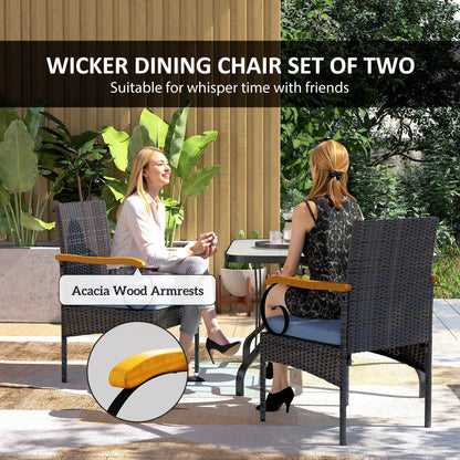 Set of 2 Rattan Outdoor Dining Chairs, Wicker Patio Chairs with Removable Cushion, Acacia Wood Armrests, Navy Blue