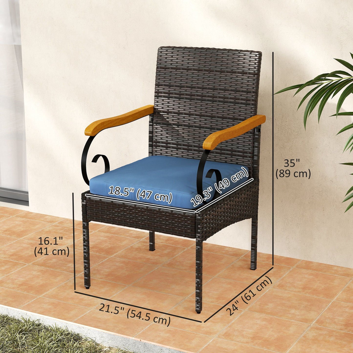 Set of 2 Rattan Outdoor Dining Chairs, Wicker Patio Chairs with Removable Cushion, Acacia Wood Armrests, Navy Blue