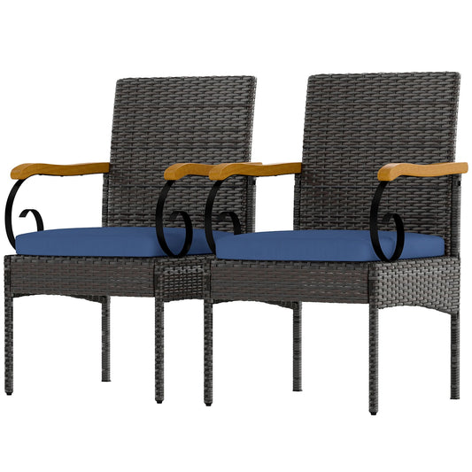 Set of 2 Rattan Outdoor Dining Chairs, Wicker Patio Chairs with Removable Cushion, Acacia Wood Armrests, Navy Blue