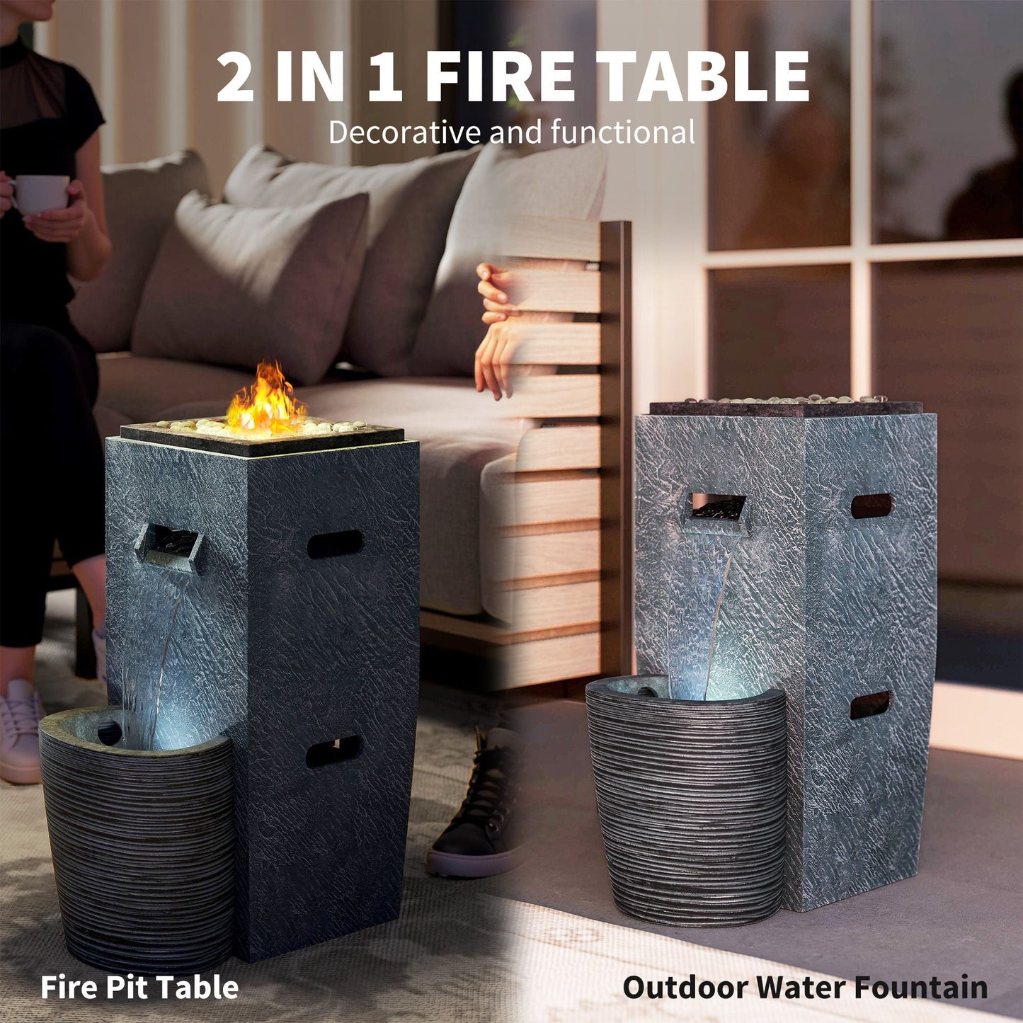 Propane Fire Pit Table with Fountain, 15,000 BTU Outdoor Gas Fire Table with LED Light Adjustable Water Flow, Fire Fountain Water Feature with Decorative Glass Rocks, Grey