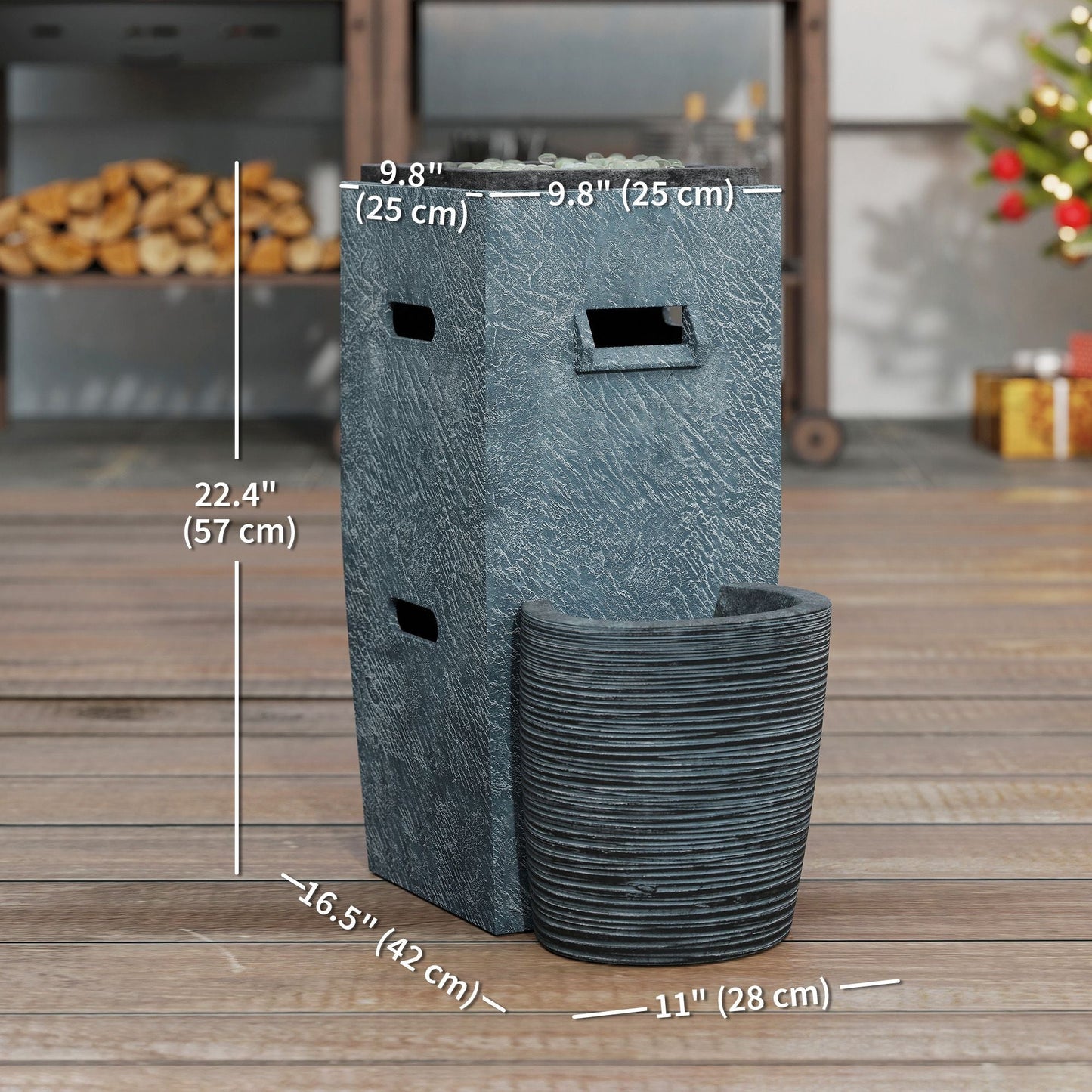 Propane Fire Pit Table with Fountain, 15,000 BTU Outdoor Gas Fire Table with LED Light Adjustable Water Flow, Fire Fountain Water Feature with Decorative Glass Rocks, Grey