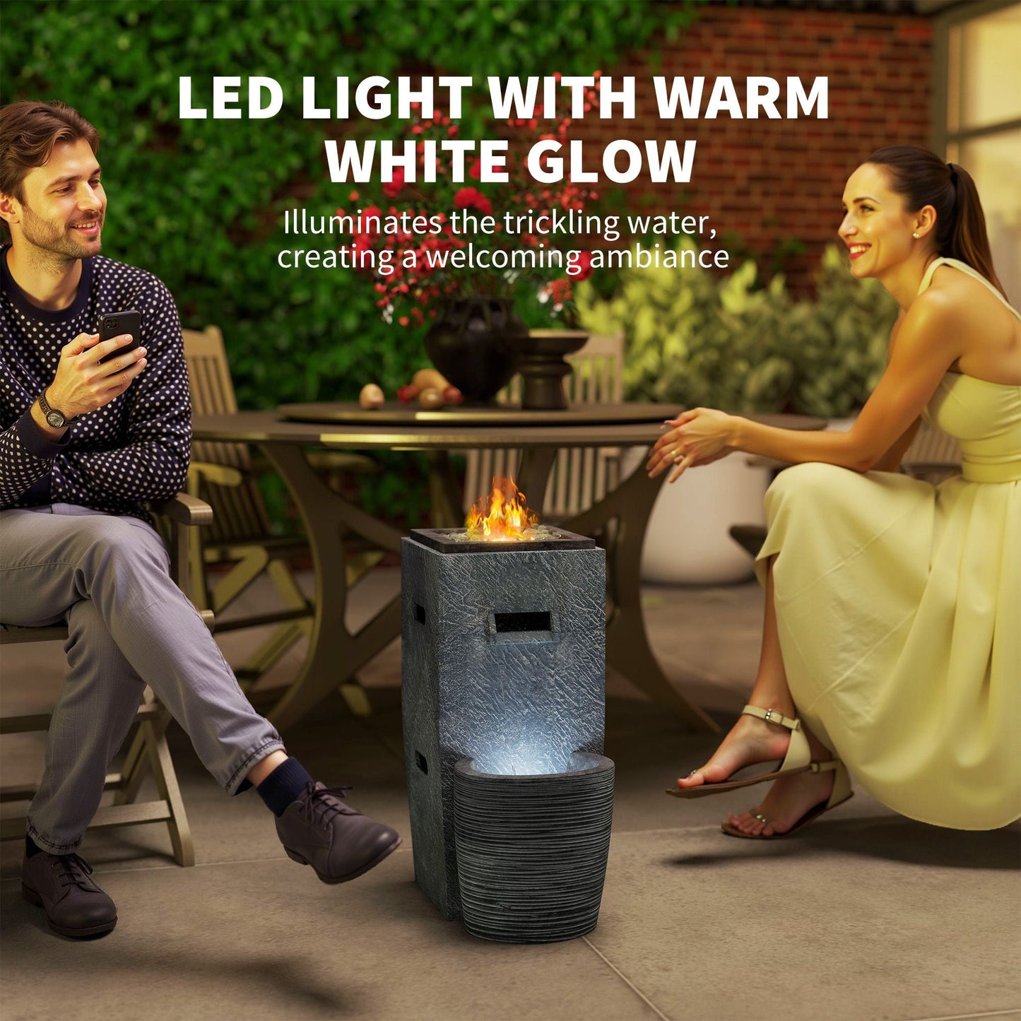 Propane Fire Pit Table with Fountain, 15,000 BTU Outdoor Gas Fire Table with LED Light Adjustable Water Flow, Fire Fountain Water Feature with Decorative Glass Rocks, Grey