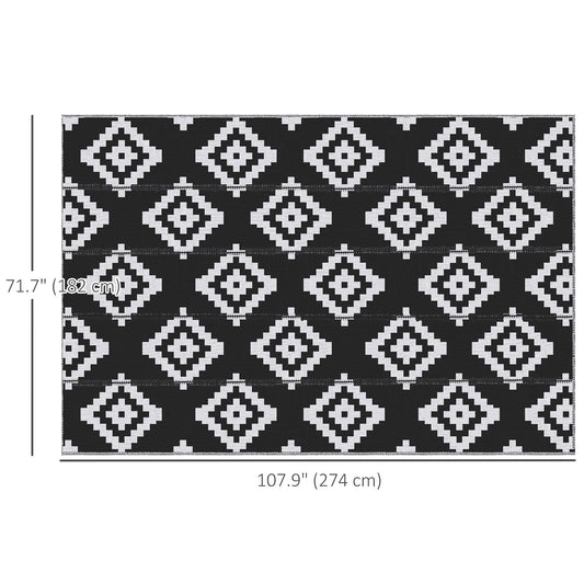 Reversible Outdoor RV Rug, Patio Floor Mat, 6' x 9' Plastic Straw Rug for Backyard, Deck, Beach, Camping, Black & White