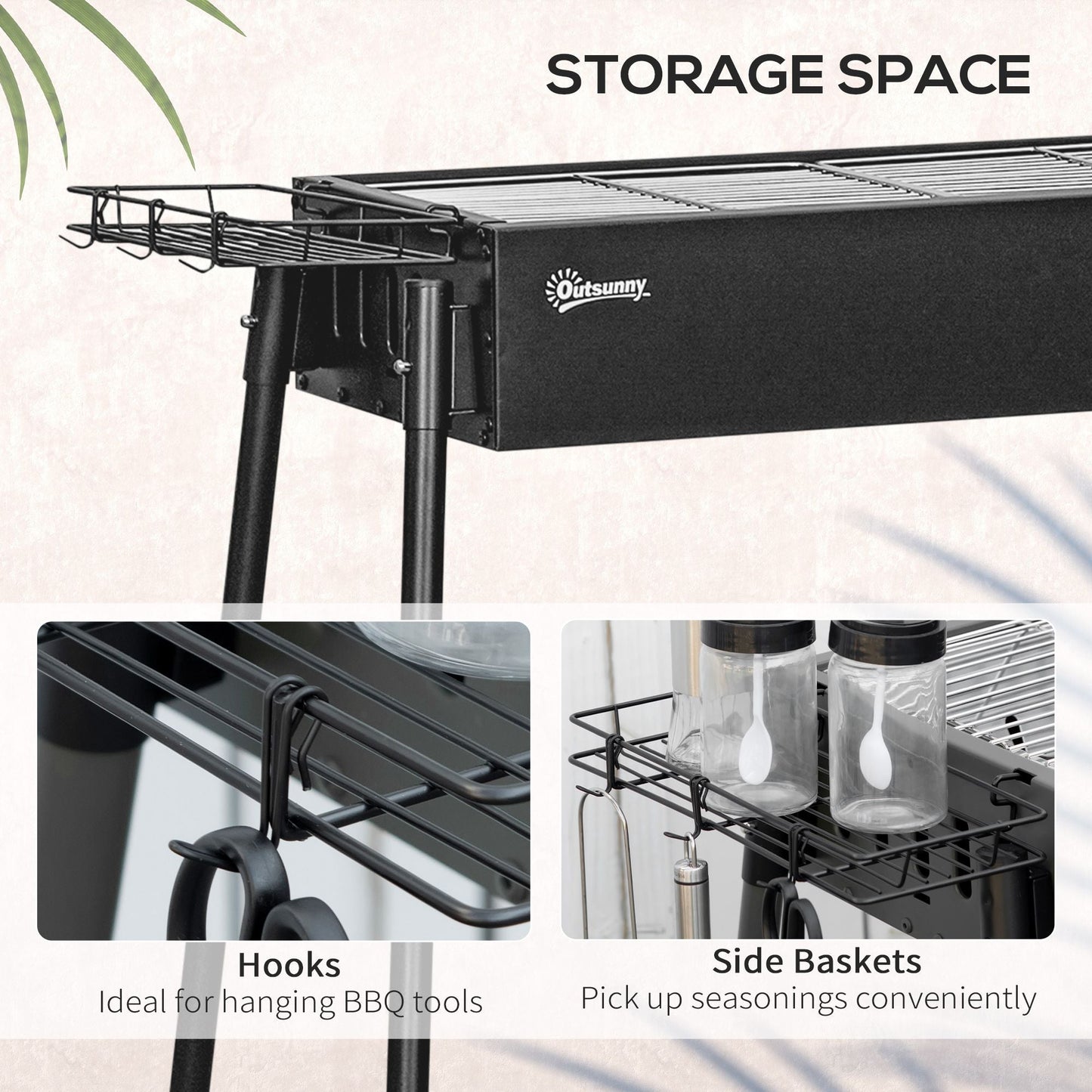 Portable BBQ Grill, Charcoal Grill with Side Seasoning Baskets, Hooks and Nets for Outdoor, Picnic, Camping, Black