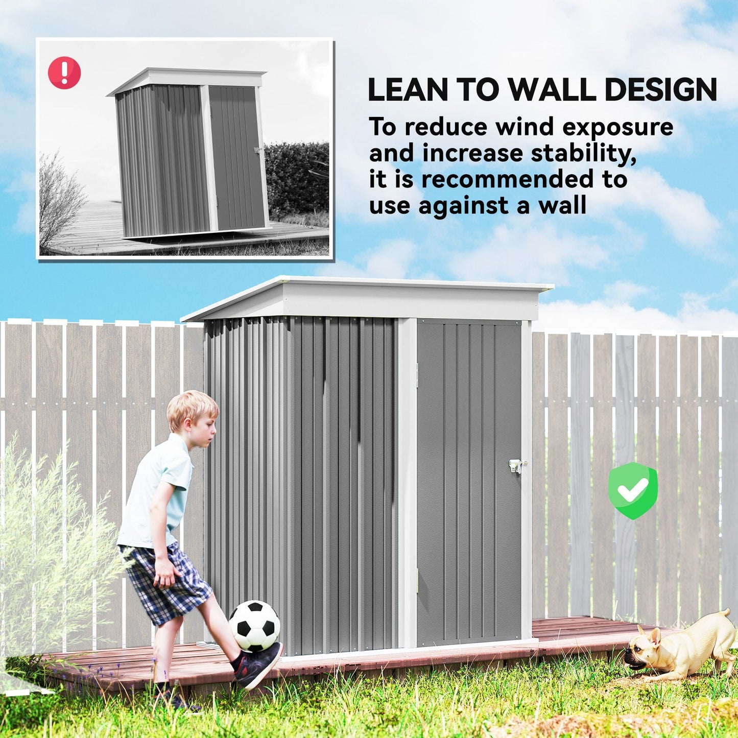 Outdoor Storage Shed, Steel Lean-to Shed with Adjustable Shelf, Lock, Gloves, 5'x3'x6', Grey
