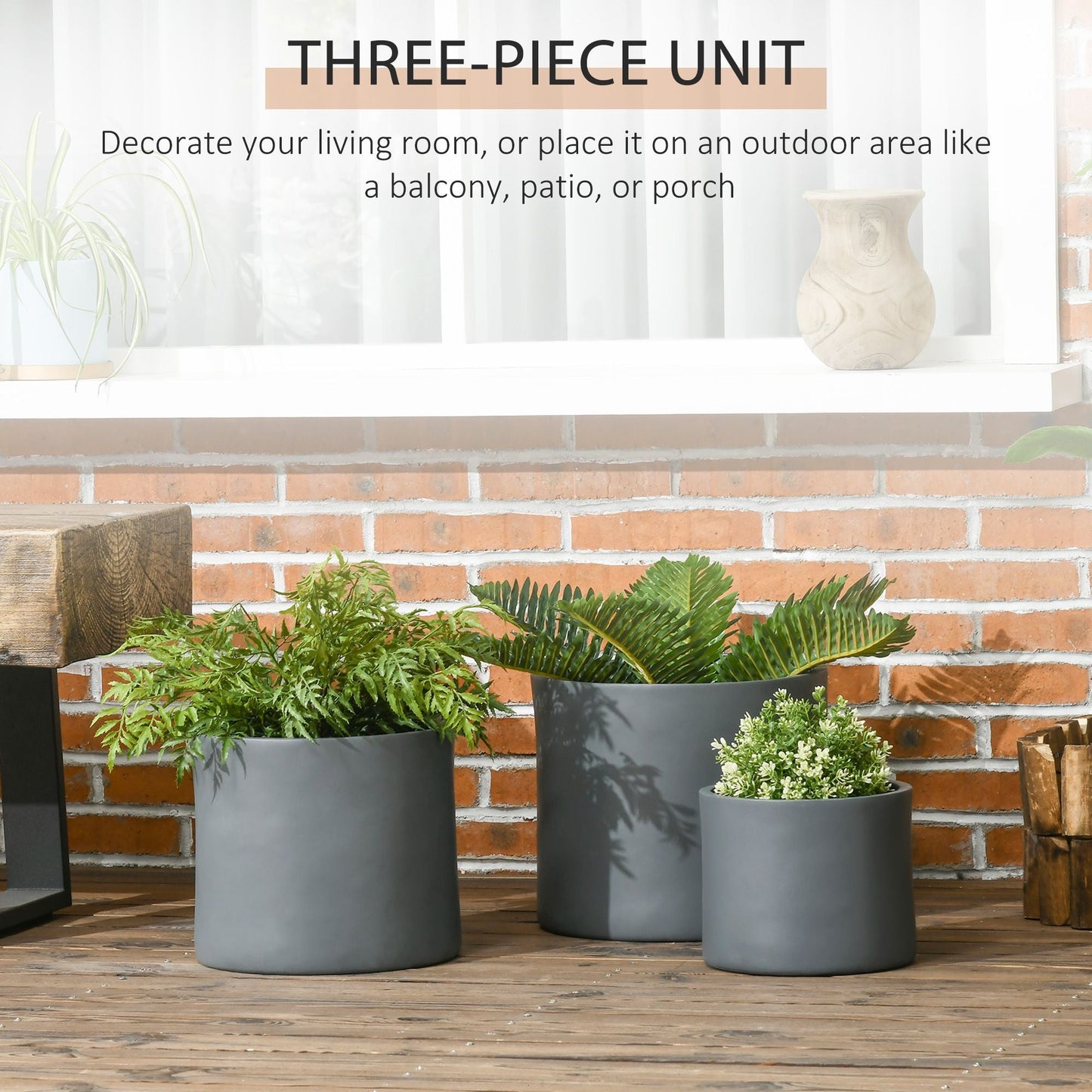 Set of 3 Outdoor Planter Set, 13/11.5/9 in, Flower Pots with Drainage Holes, Outdoor Plant Pots for Patio, Yard, Garden