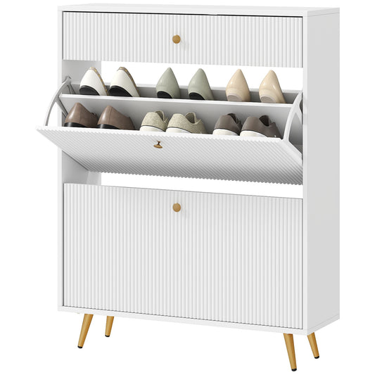 Narrow Shoe Storage Cabinet with Wave-like Panels and Adjustable Shelves for 12 Pairs of Shoes, White