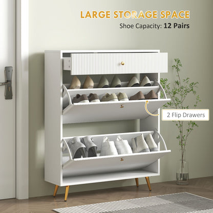 Narrow Shoe Storage Cabinet with Wave-like Panels and Adjustable Shelves for 12 Pairs of Shoes, White