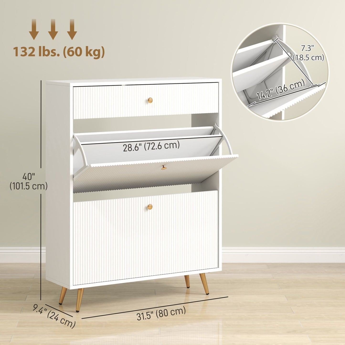 Narrow Shoe Storage Cabinet with Wave-like Panels and Adjustable Shelves for 12 Pairs of Shoes, White