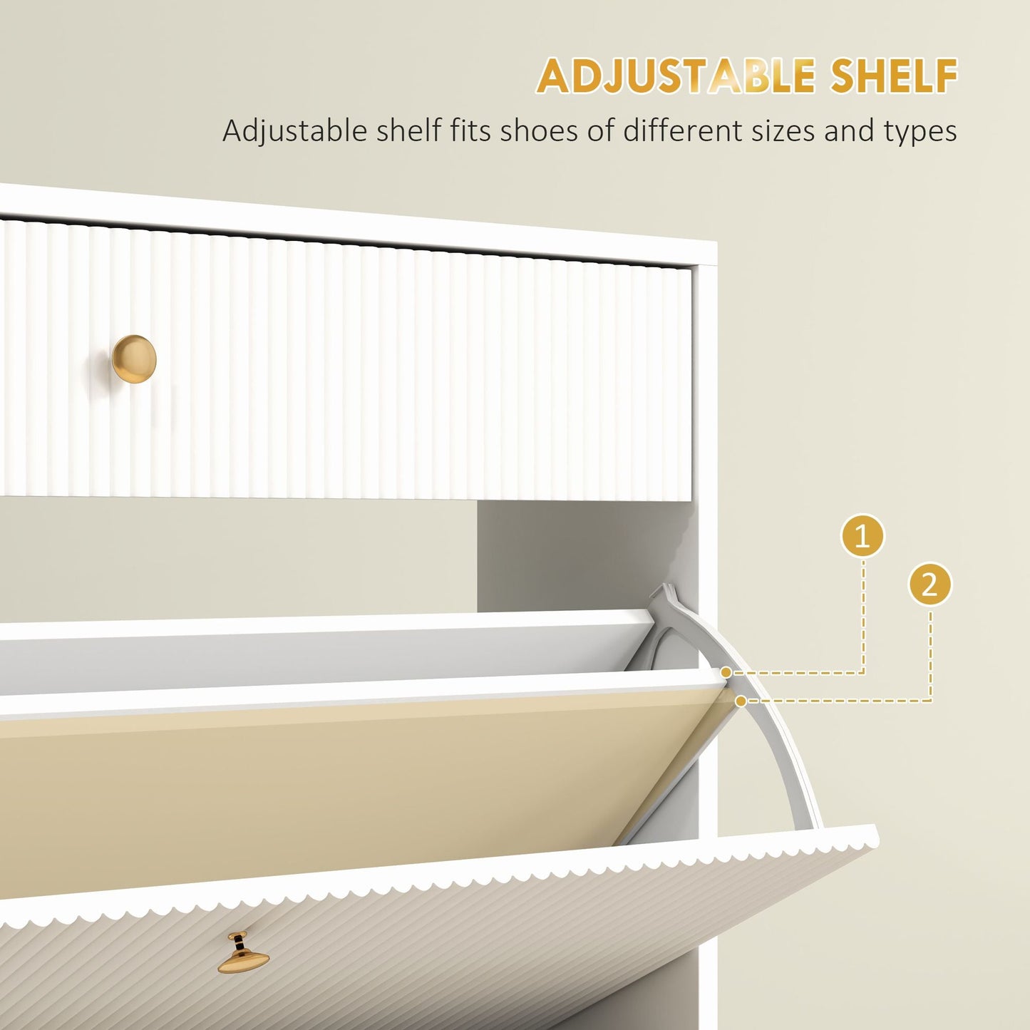 Narrow Shoe Storage Cabinet with Wave-like Panels and Adjustable Shelves for 12 Pairs of Shoes, White