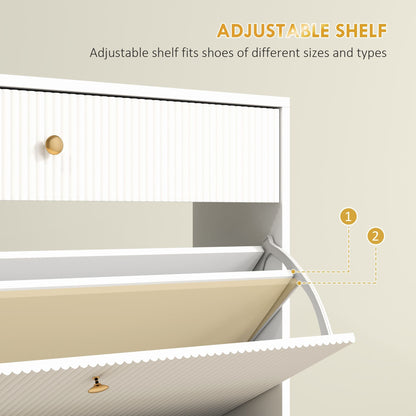 Narrow Shoe Storage Cabinet with Wave-like Panels and Adjustable Shelves for 12 Pairs of Shoes, White