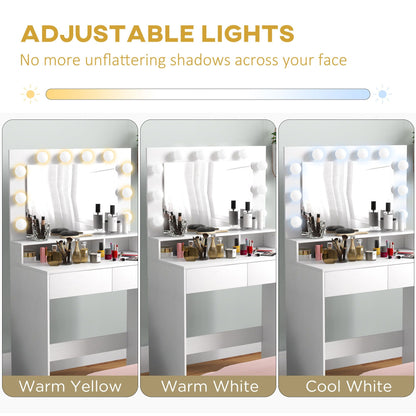 Vanity Table, Makeup Dressing Table with LED Lighting Mirror, Drawers, for Bedroom, White