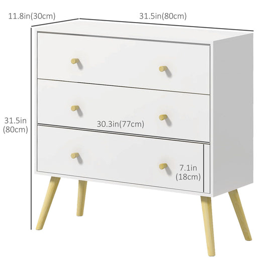White Dresser for Bedroom with 3 Drawers, Morden Chest of Drawers with Solid Wood Legs and Handles, Storage Organizer for Living Room, White