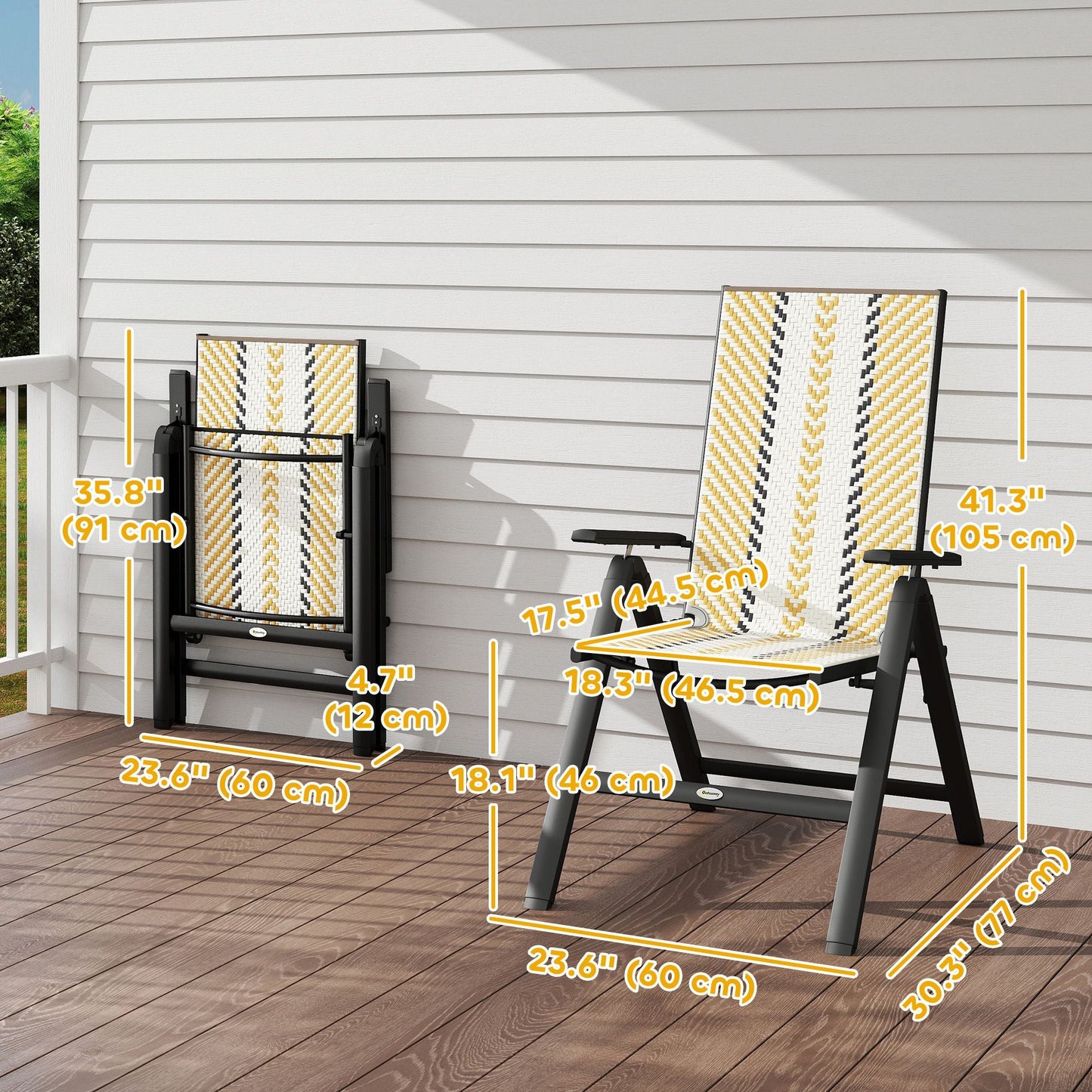 Outdoor Wicker Chairs Set of 2 with 5-Position Adjustable Backrest, Armrest, Steel Frame, Orange