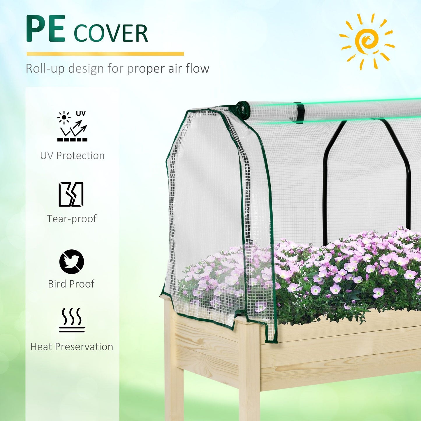 Raised Garden Bed with PE Greenhouse Cover Outdoor Elevated Wood Planter Box for Herbs and Vegetables, Use for Patio, Backyard, Balcony, 48 x 22 x 46 inch, Natural