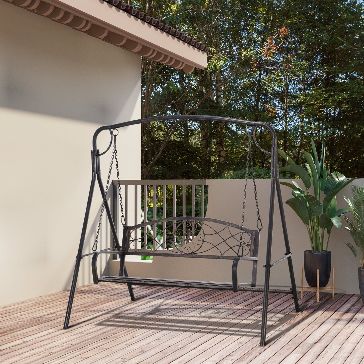 2 Seater Porch Swing Chair, Weather Resistant Outdoor Swing Seat with Metal Frame for Garden, Backyard, Lawn, Black