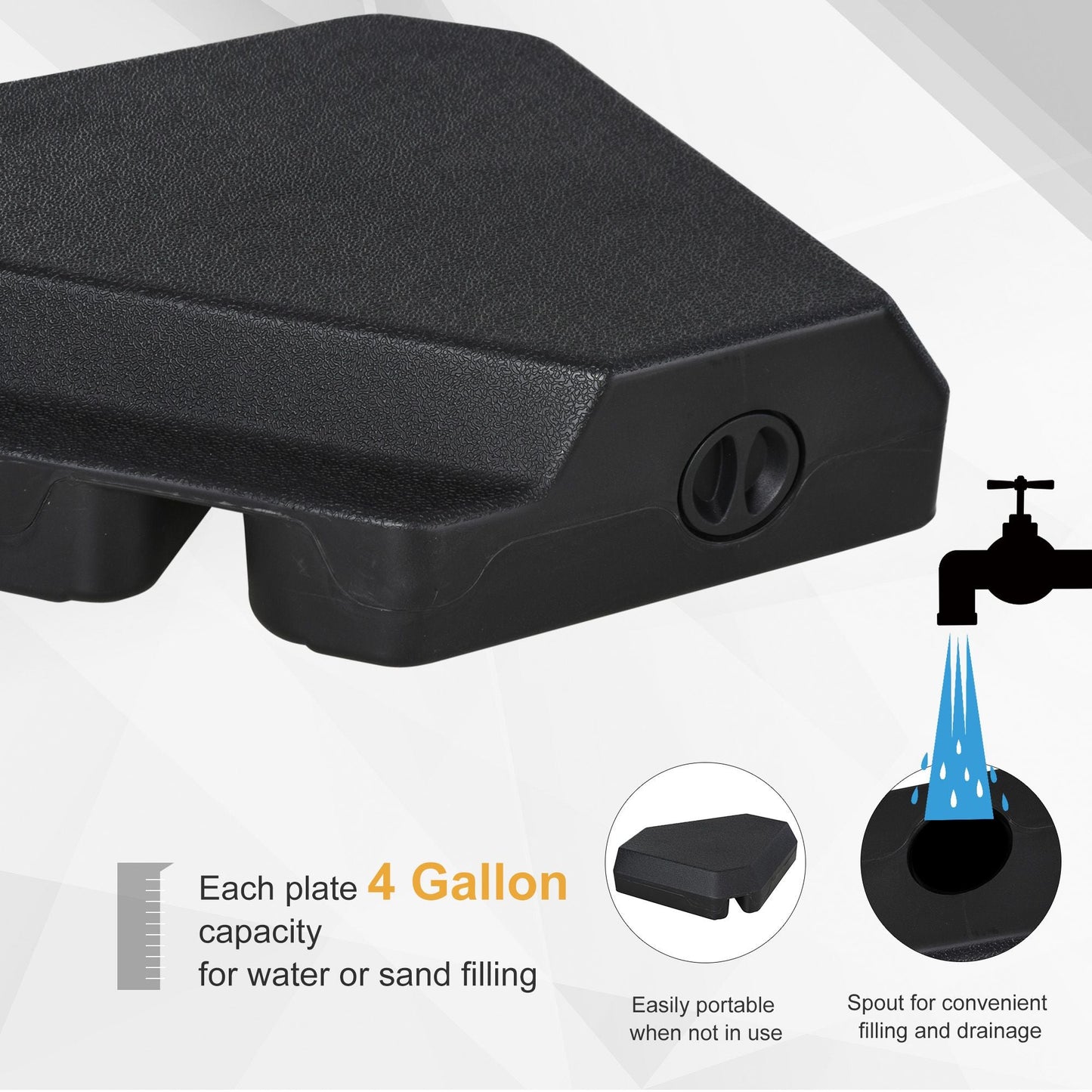 Umbrella Stand Fitting 2" Poles and Steel Base with 4 Fillable Plastic Weights, 158lbs Sand or 132lbs Water Filled, Black