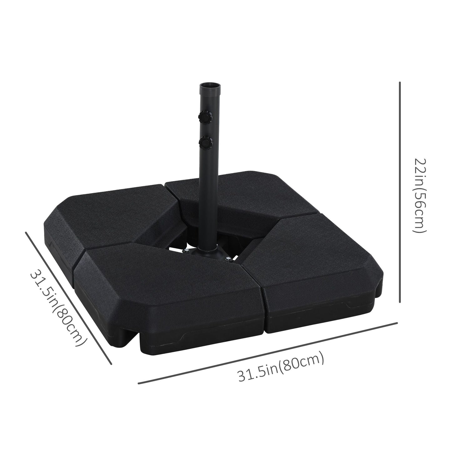 Umbrella Stand Fitting 2" Poles and Steel Base with 4 Fillable Plastic Weights, 158lbs Sand or 132lbs Water Filled, Black