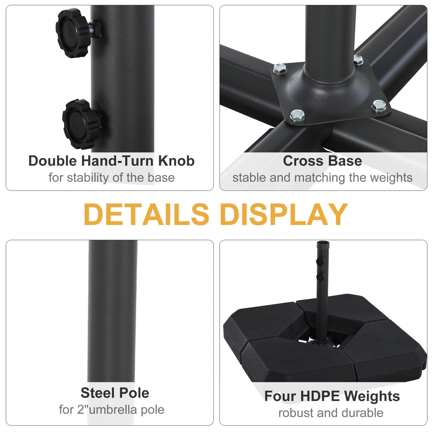 Umbrella Stand Fitting 2" Poles and Steel Base with 4 Fillable Plastic Weights, 158lbs Sand or 132lbs Water Filled, Black