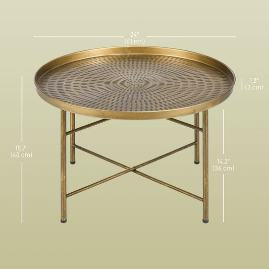 Vintage Coffee Table for Living Room, 24" Round Center Table with Hammered Tray Top and Metal Frame, Gold