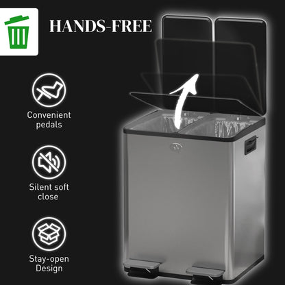 Dual Garbage Bin, Soft-Close Trash Can with Foot Pedal, 2 x 20 Liter Garbage Can with Removable Inner Buckets, Silver