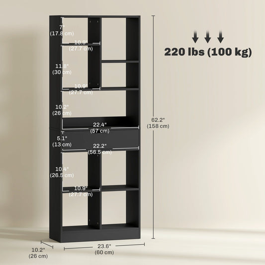 Tall Bookshelf with Drawer, Freestanding Bookcase for Bedroom, Living Room, Home Office, Black
